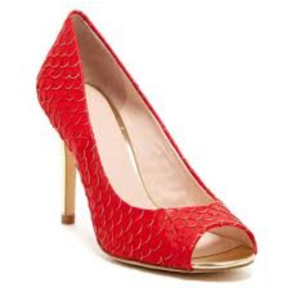 Louise et Cie Scorpian Red and Gold Scales Open Toe Heels 10